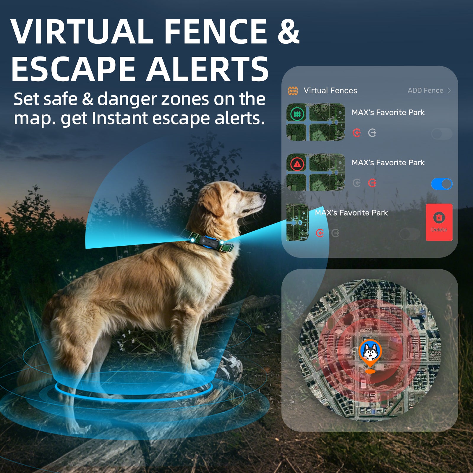 GPS Tracker for Dogs with 36 Month Subscription, Real-Time Location, Electronic Fence, Health Monitoring, Waterproof, for Medium Large Dogs, iOS Android