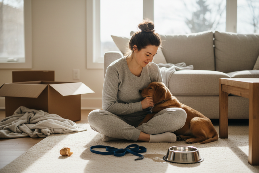 Tired new puppy owner sitting beside a puppy in a cozy living room, showing the emotional strain of puppy blues