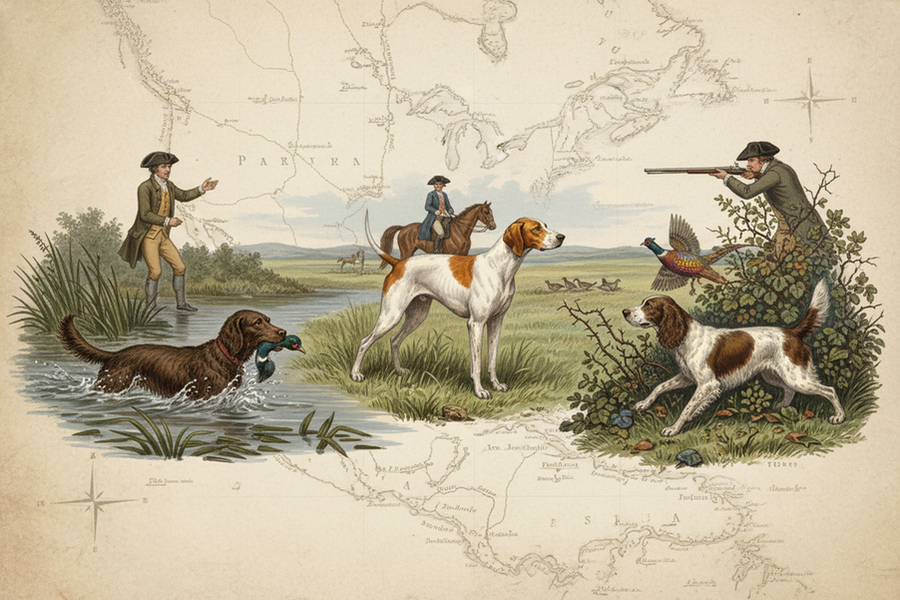 Historical illustration of retriever, pointer, and spaniel type dogs shaped by colonial-era hunting demands