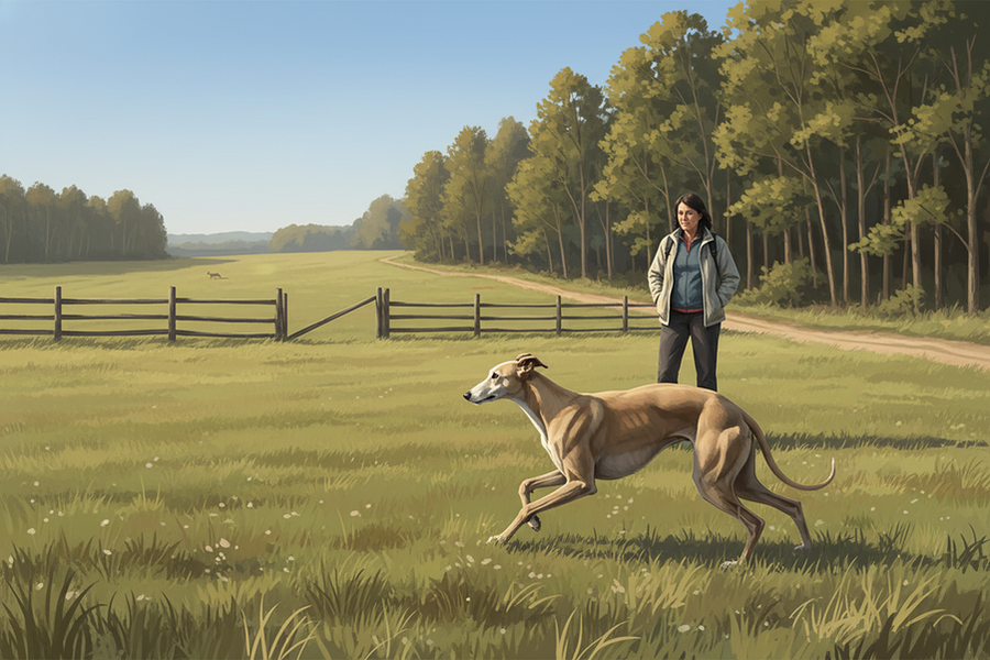 A sighthound reacting to motion in an open field while a handler watches the exit paths