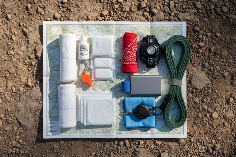 Dog hiking first aid kit laid out for remote trails with trauma supplies, signaling tools, cooling cloth, and GPS tracking gear.
