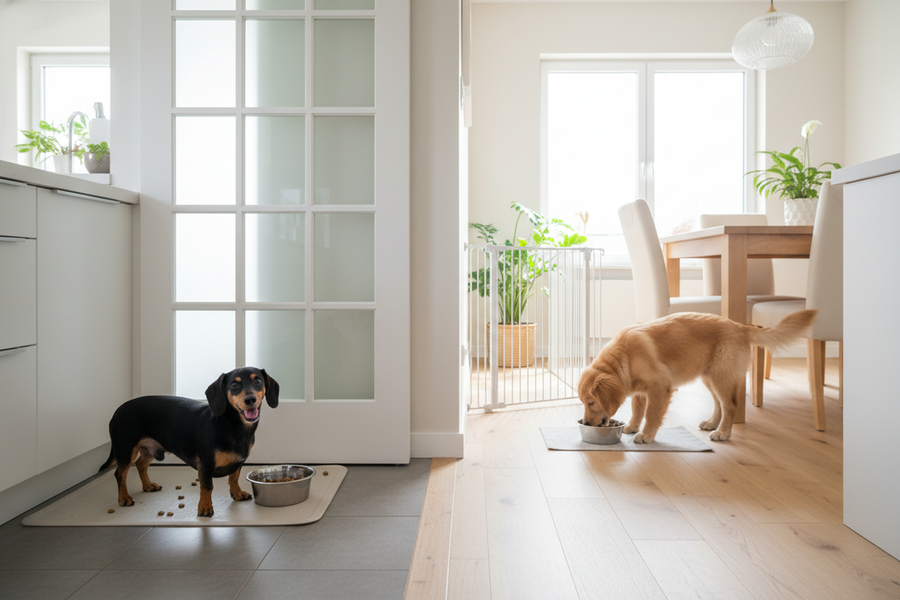 Two dogs eating in separate areas of a home kitchen, showing a calm feeding routine for mixed-speed eaters.
