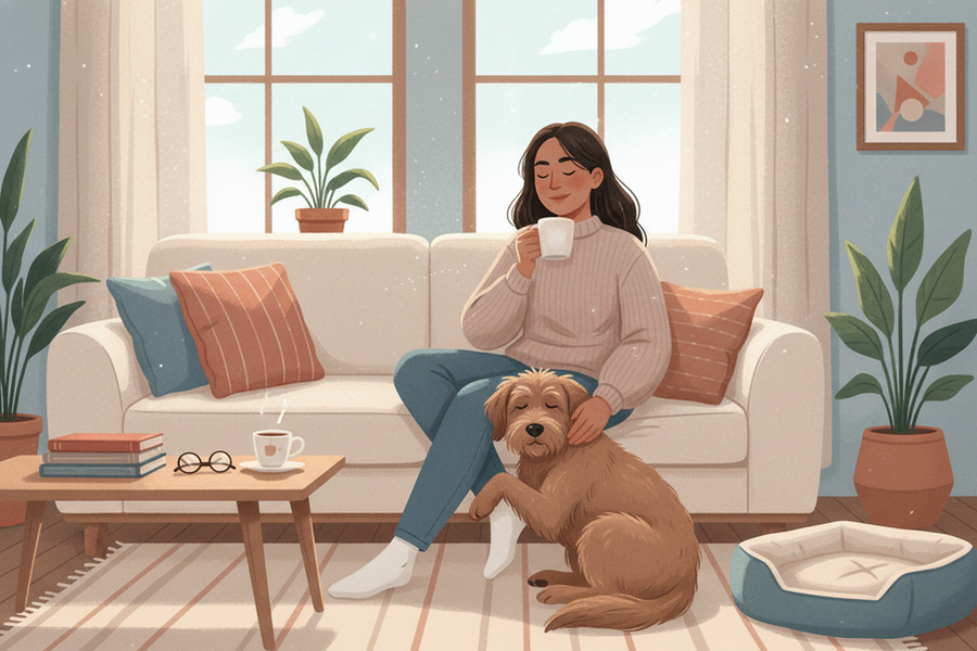 Editorial illustration of a person and dog in a calm home setting, suggesting compatible daily energy and routine harmony.