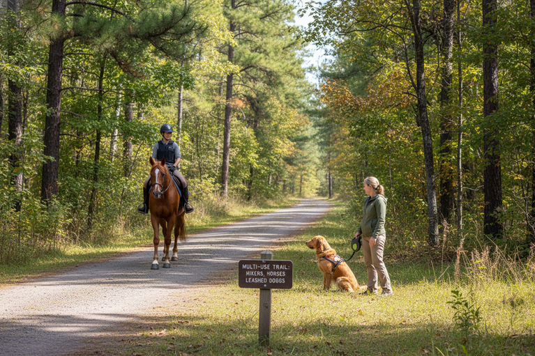 Dog owner stepping aside on a multi-use trail while a horse and rider pass safely