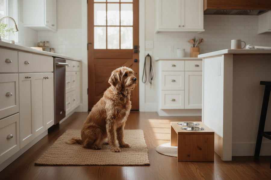 A calm dog waiting near a predictable feeding station in a tidy home kitchen