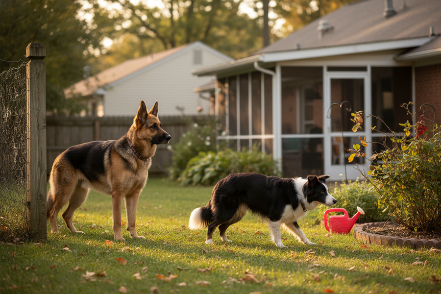 Two dogs in a family yard, one standing watch near a fence or doorway and another focusing on movement, showing the contrast between guardian vigilance and herding reactivity.