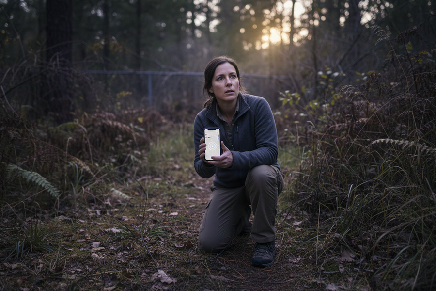 A pet owner searching for a hidden dog at dusk using a tracker in brushy terrain