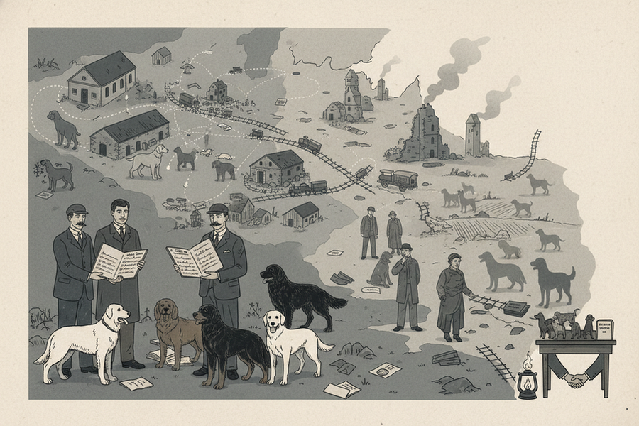Historic illustration of European dog breeding programs disrupted by wartime shortages and kennel losses