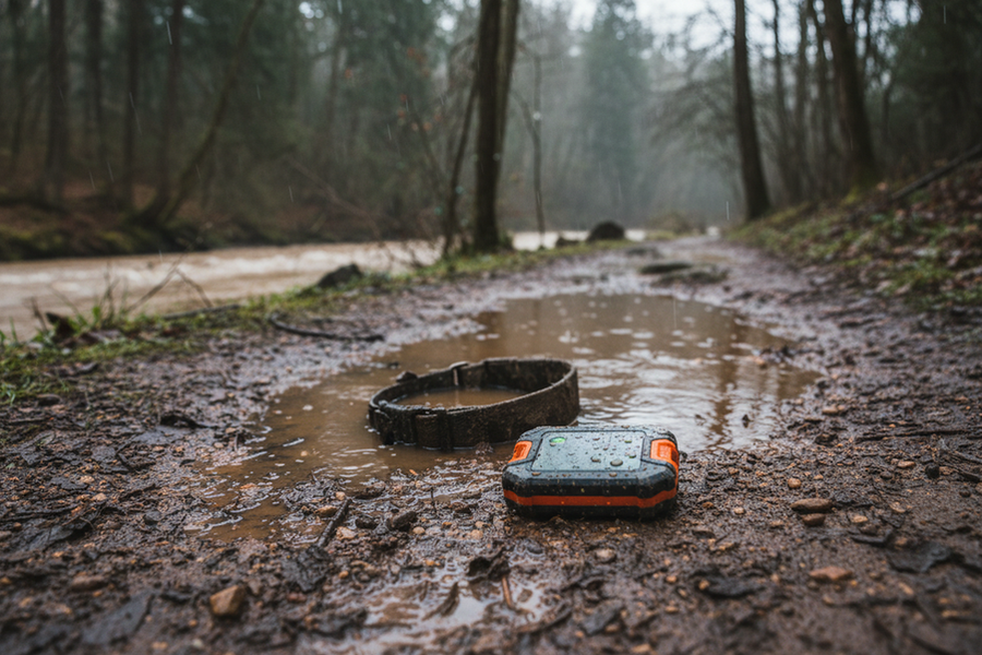 Pet tracker on a muddy, wet trail near water, showing real-world exposure beyond lab ratings