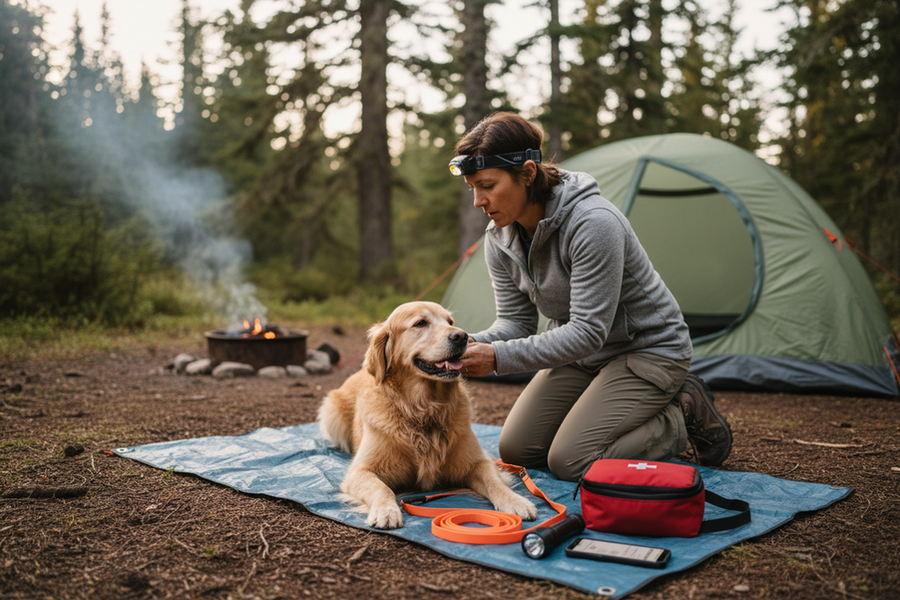 Dog owner handling a camping emergency kit beside a tent while checking a dog for poisoning symptoms