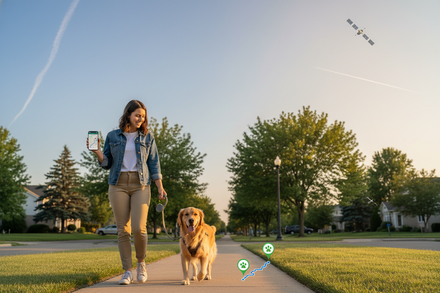 A dog owner checking a GPS pet tracker route on a phone while walking in a suburban neighborhood with trees and open sky.