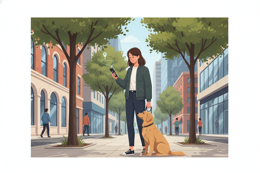 A dog owner looks at a phone map while a subtle GPS route overlay appears over a city sidewalk with trees and buildings.