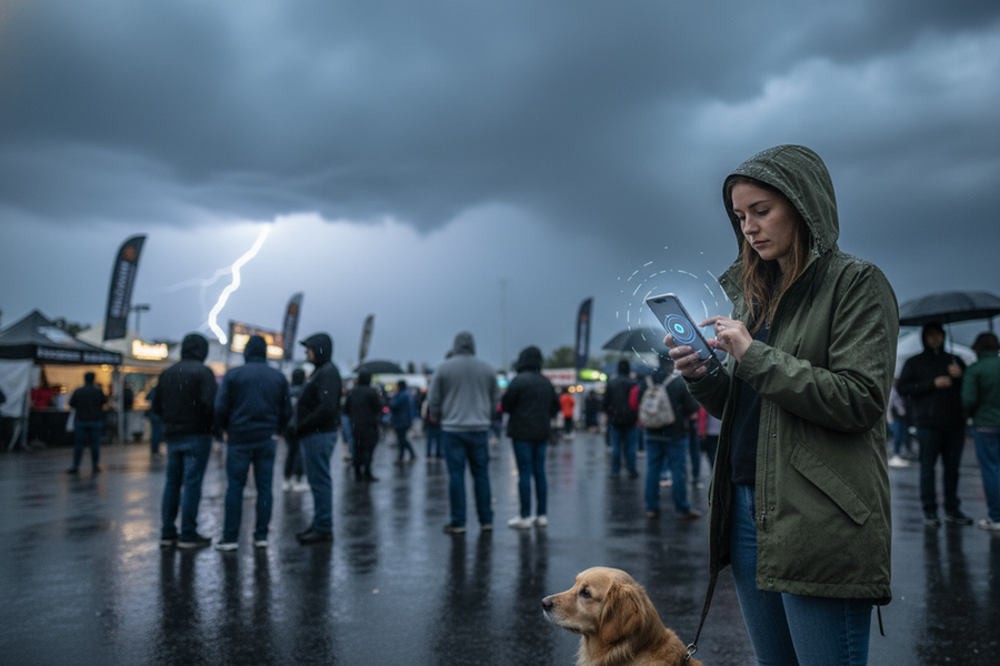 A pet owner checks a tracker during a crowded outdoor event, illustrating how network congestion can delay location updates.