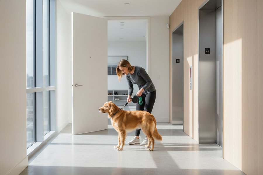 A dog owner preparing for a quick potty trip from a high-rise apartment, with leash, waste bags, and a calm elevator exit setting.