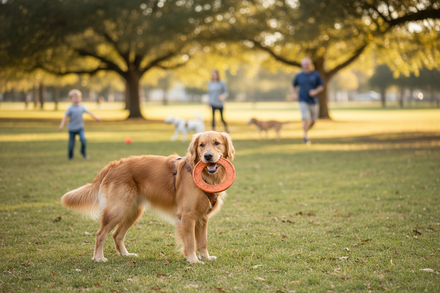 Dog turning back toward an owner during a fetch session in a park