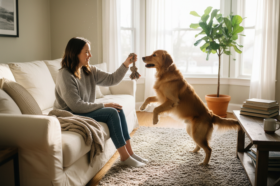 A dog briefly plays while its owner watches calmly in a living room or backyard.