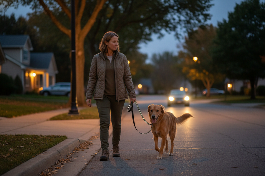 A dog owner and dog walking at dusk in a suburban neighborhood during a seasonal daylight change.