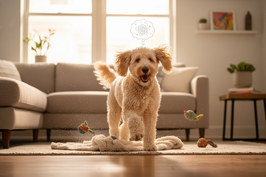 A dog in energetic zoomies after play in a warm, bright home setting, illustrating post-exercise overstimulation without distress.