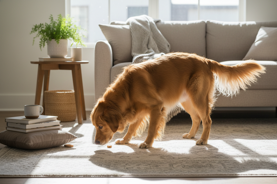 A focused dog searching a living room for hidden treats during an indoor scent game.
