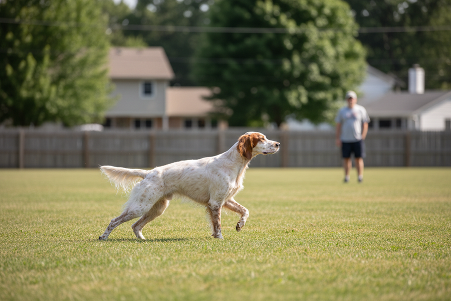 Pointer or Setter in a controlled open space, pausing between sprint bursts