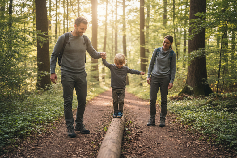 A parent helping a child stand and balance outdoors on a gentle trail, illustrating cautious movement and family support for mild hip dysplasia.