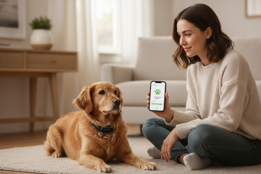 A dog owner checking a tracker alert against a calm dog indoors, illustrating why pet behavior detection AI can misread normal activity.
