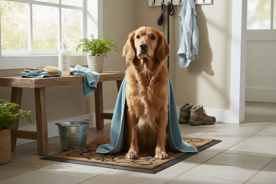 Dog grooming brush, towel, and spring outdoor cleanup items beside a medium-coated dog after winter-to-spring shedding