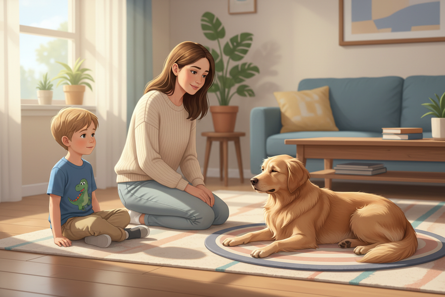 A calm parent helping a child give a resting family dog space in a bright living room