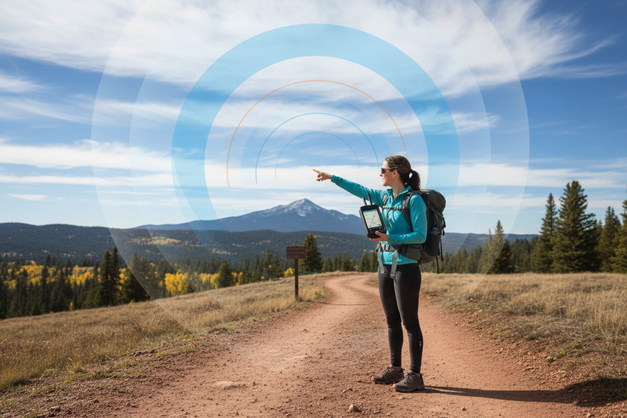 Editorial illustration of a trail with changing sky visibility to explain why GPS accuracy changes under partial cover.