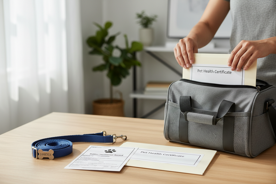 Dog travel documents checklist beside a pet carrier, leash, and car travel items