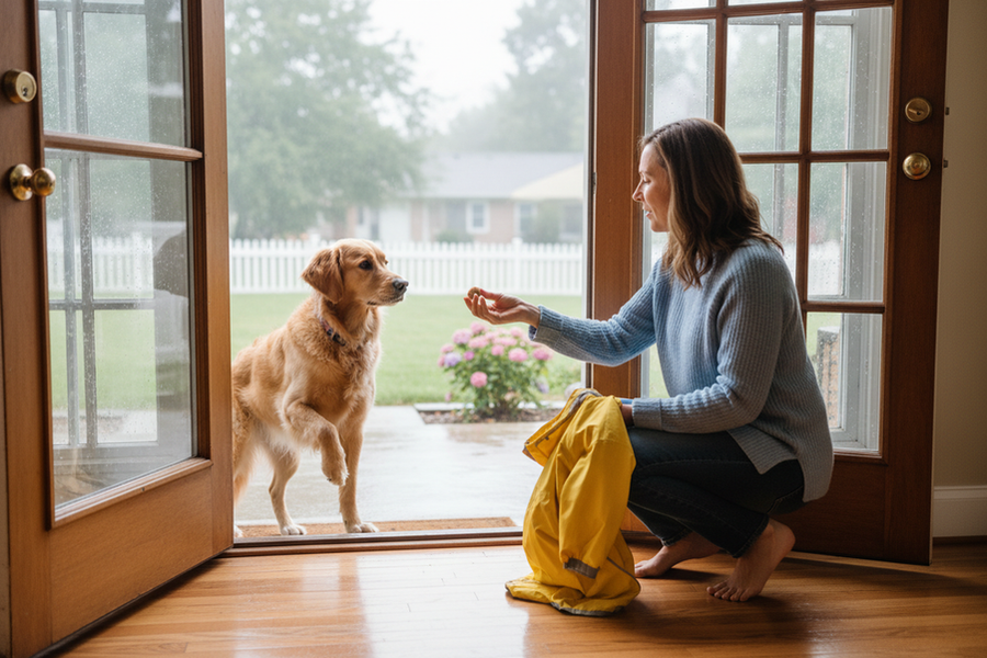 A rain-averse dog hesitating at a doorway while the owner offers a treat and a light raincoat for a short outing.