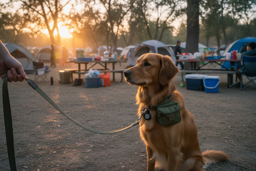 A dog on leash near a crowded campground path with cleanup gear and a light ready for a potty break