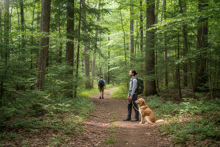 Hiker pausing with a leashed dog on a narrow forest trail while another hiker approaches at a distance.