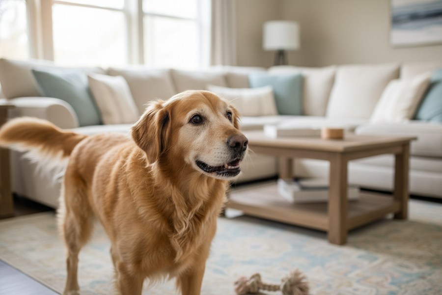 A senior dog standing alert and playful in a home living room