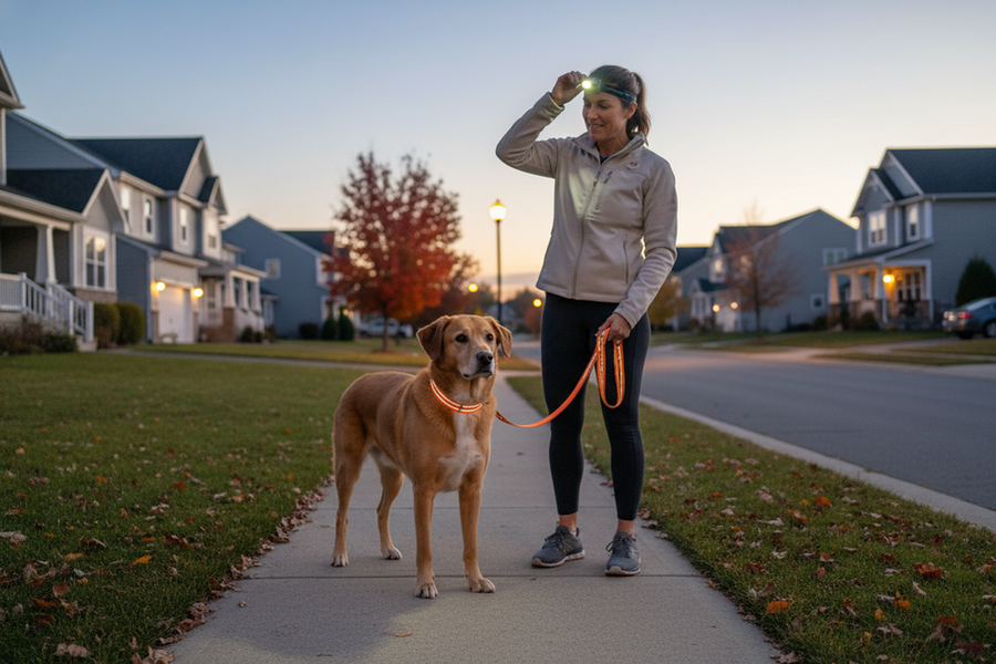 A dog owner adjusts a walking routine at dusk during daylight saving time, with reflective gear and a calm suburban street scene.