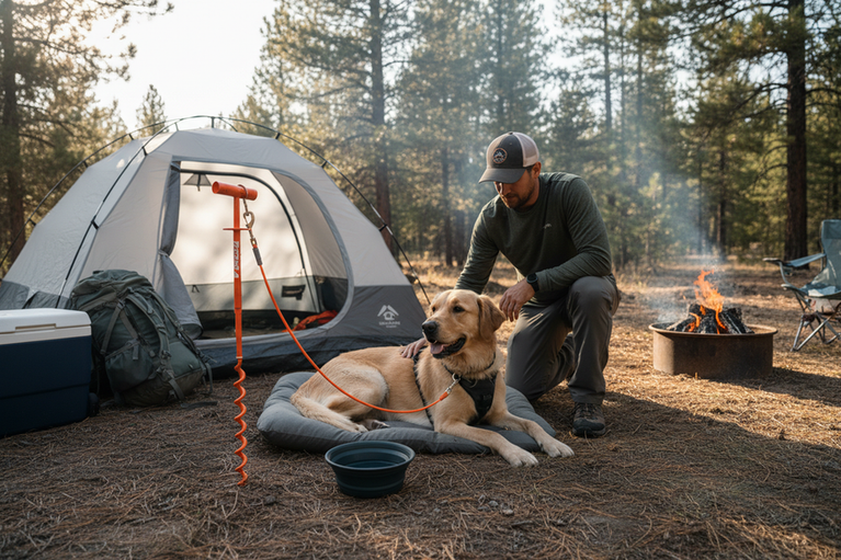 A dog secured at a campsite with a visible boundary and an attentive camper nearby