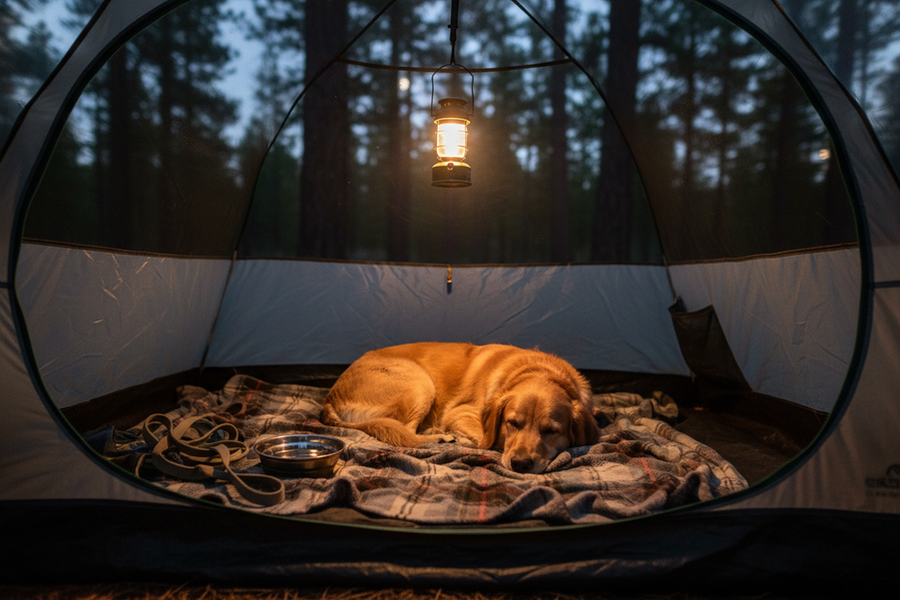 A calm dog resting on a familiar blanket inside a tent at night