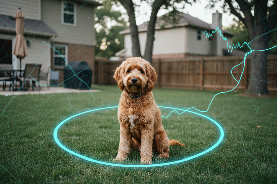 A dog tracker near a backyard geofence line with signal drift shown as a wobbly location path