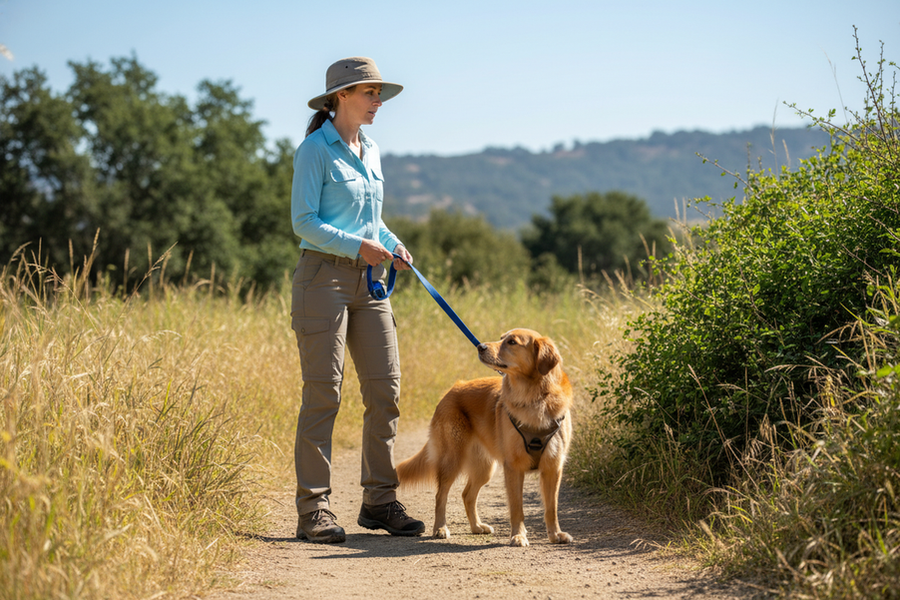 Dog owner calmly backing away with a leashed dog near tall grass where a snake encounter may have happened