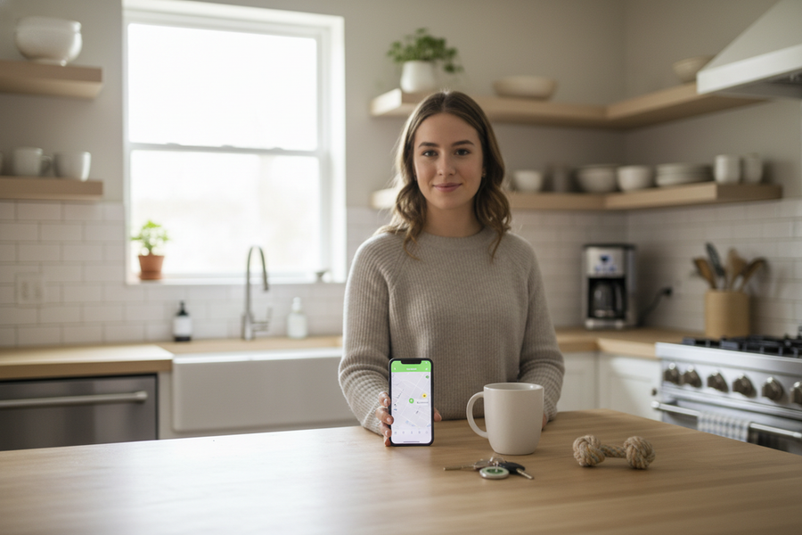 Pet owner checking a dog tracker during a normal morning routine