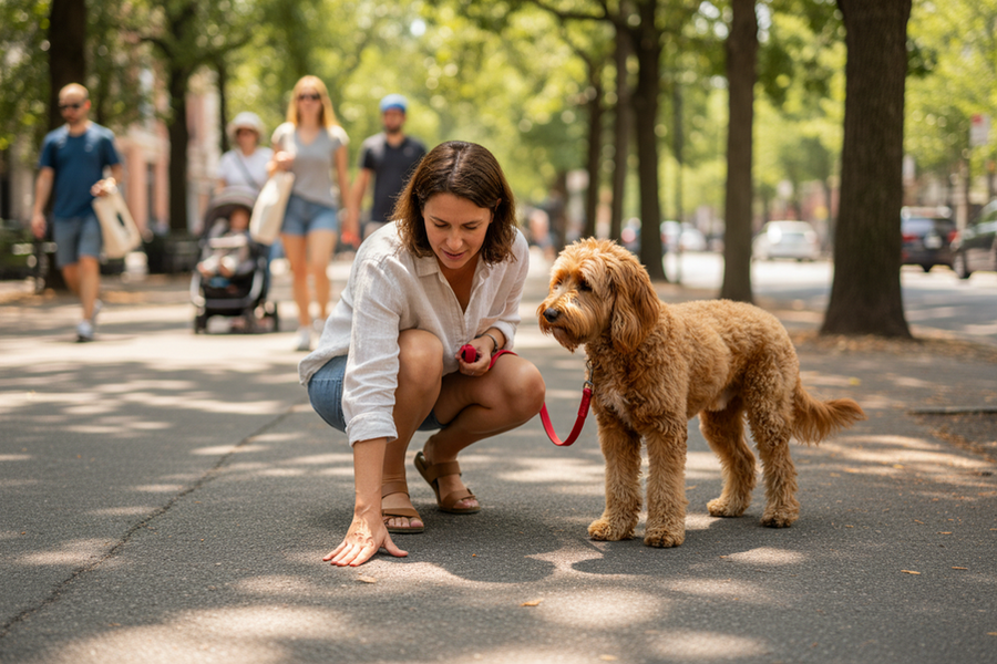 Dog owner checking hot pavement before a summer walk with a dog waiting in the shade