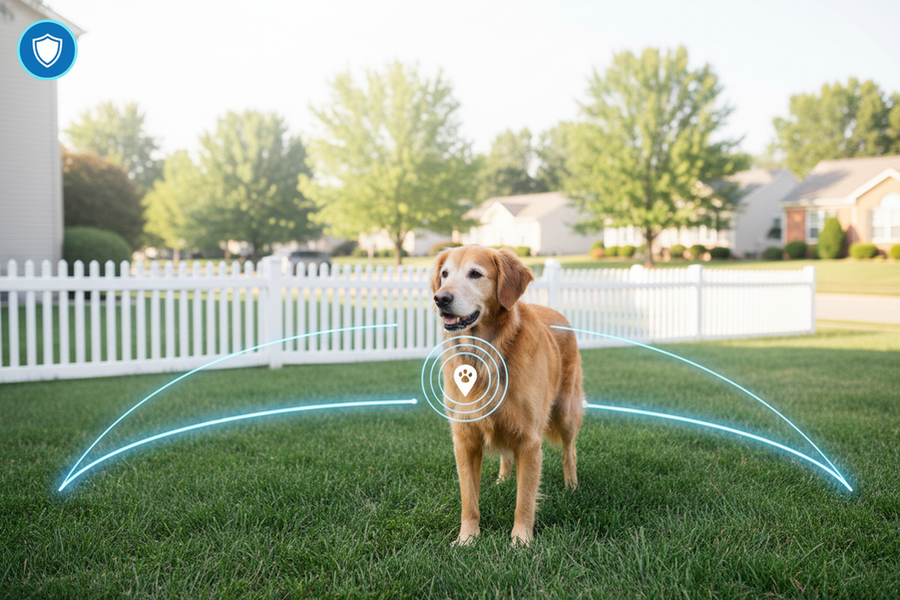 Senior dog near a yard boundary with GPS tracking cues, showing safe-zone monitoring for older pets