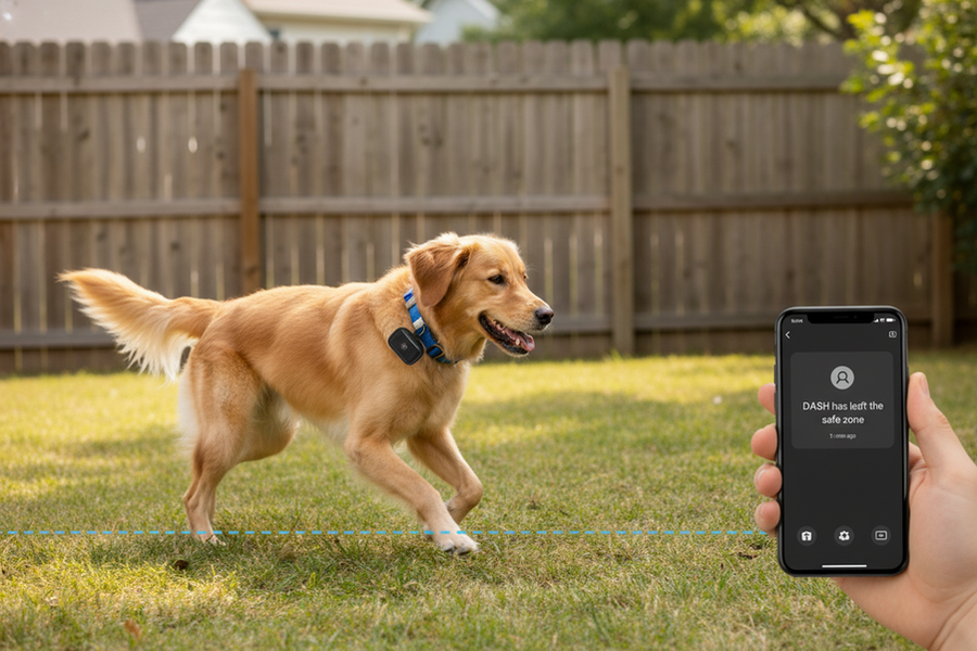 A pet tracker alert sequence showing a dog crossing a fence line, a tracker device, and a phone receiving a notification, illustrating delay between breach detection and alert delivery.