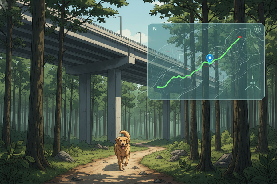 Dog tracker map behavior in dense forest and under a highway overpass