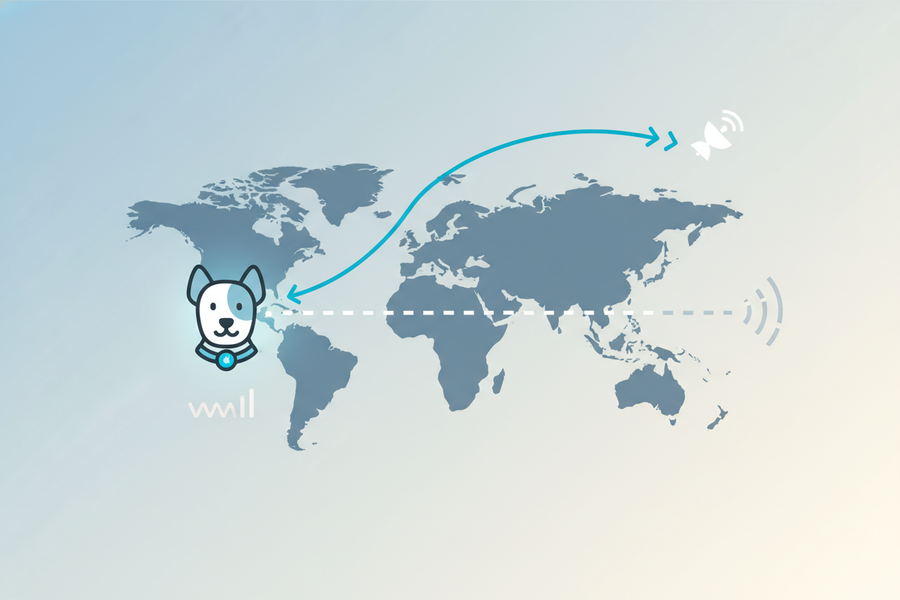 Illustration of a pet tracker crossing a border while GPS remains available and cellular service drops