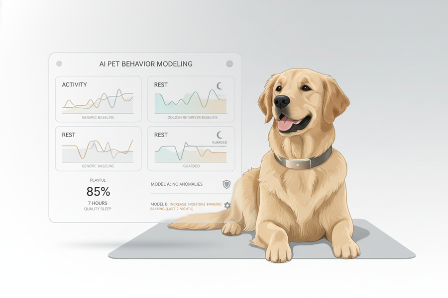 Illustration of a smart dog collar comparing breed-mismatched activity and rest signals on a dashboard