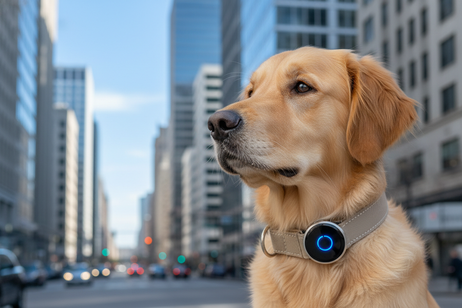 A pet tracker on a dog collar with a city street in the background