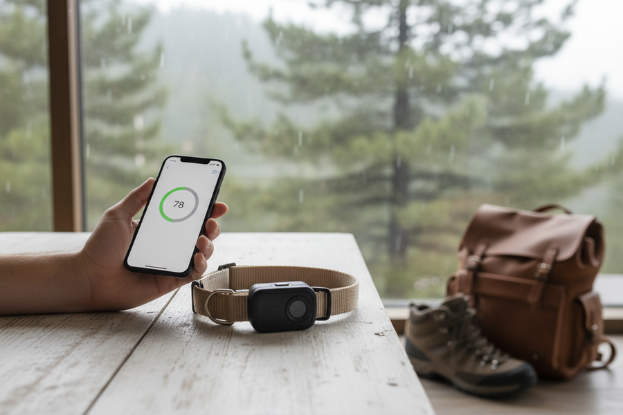 Pet owner checking dog tracker battery life on a phone app next to a collar-mounted GPS tracker