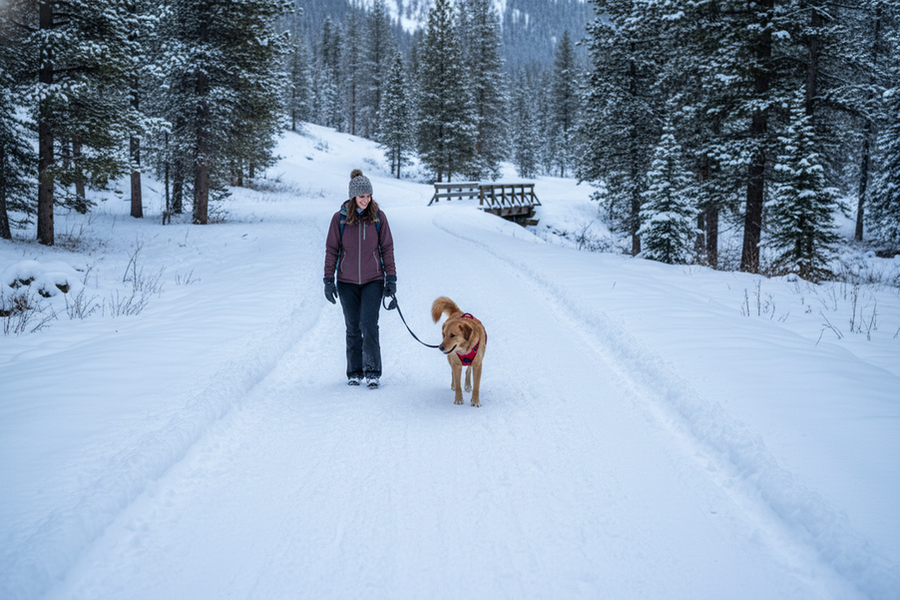 A dog and handler on a packed-snow trail during a first winter hike, with clear visibility and close leash control.