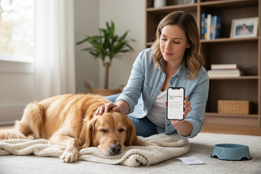 A calm dog resting after vaccination while an owner monitors for side effects and looks at a vet checklist.